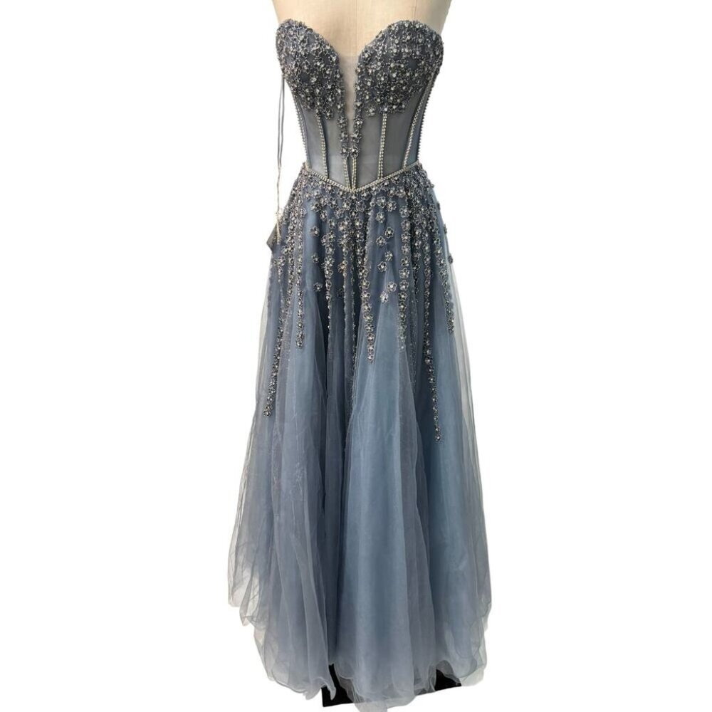Andrea & Leo Womens Stargaze Ribbon Tulle Rhinestone Gown Midnight Blue Size 2 - Picture 6 of 8